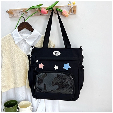 Koreanischer Stil Große Kapazität Segeltuch Tragetasche Für Damen Studenten Stern Applikation Transparent Tasche Schulter Buch Tasche