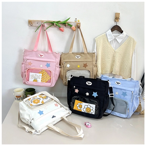 Koreanischer Stil Große Kapazität Segeltuch Tragetasche Für Damen Studenten Stern Applikation Transparent Tasche Schulter Buch Tasche