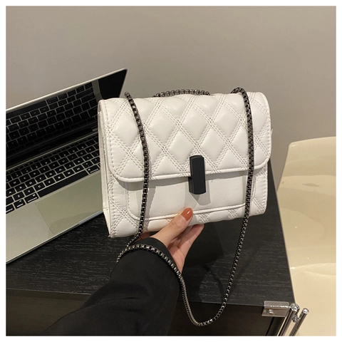Quilted Shoulder Bag PU Leather Chain Strap Lock Small Square Crossbody Handbag Elegant Urban Style For Women