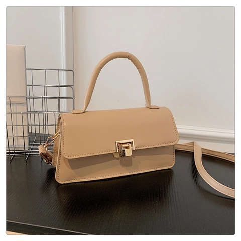 Women PU Leather Handbag Minimalist Small Square Crossbody Bag With Top Handle And Gold Metal Buckle Elegant Versatile