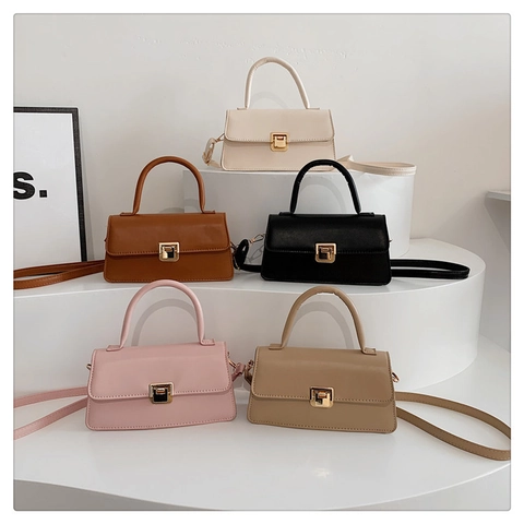 Women PU Leather Handbag Minimalist Small Square Crossbody Bag With Top Handle And Gold Metal Buckle Elegant Versatile