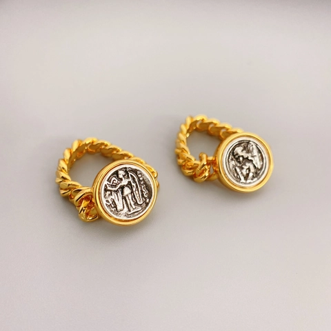 Vintage Kupferring Mit Klassischem Porträt Münzrelief Gedrehtem Seilband Klassischer Zweifarbiger Barockschmuck Für Damen