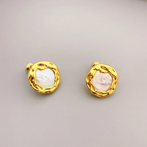 Retro Round Hammered Copper Stud Earrings With Freshwater Pearl And 925 Sterling Silver Earring Post Gold Plated Vintage
