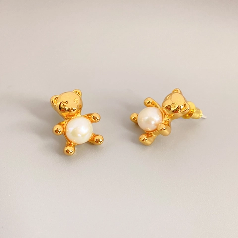 Pendientes De Oso En Cobre Chapado En Oro Con Perla Artificial Y Poste De Plata De Ley 925 Joyas De Moda Animal Para Mujeres
