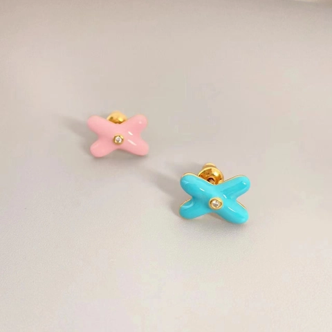 X Shape Enamel Stud Earrings For Women Cute Cross Star Zircon Jewelry With 925 Sterling Silver Earring Post