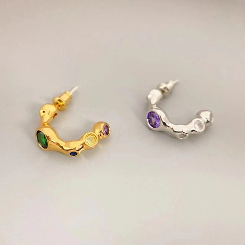 Irreguläre Lava Textur C-Form Creolen Kupfer Bunte Zirkon Mit 925 Sterling Silber Ohrring Stecker Vintage Schick