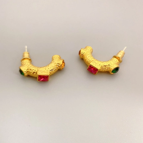 Vintage C-Shape Κρίκοι Σκουλαρίκια Χάλκινα Με Βελόνα Από Ασήμι 925 Σφυρήλατη Υφή Πολύχρωμα Στρας Γυναικεία