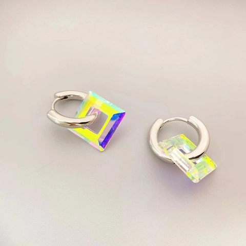 Copper Hoop Earrings With Iridescent Square Resin Pendant Aurora Rainbow Geometric Modern Trendy Style For Women