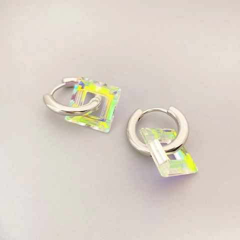 Copper Hoop Earrings With Iridescent Square Resin Pendant Aurora Rainbow Geometric Modern Trendy Style For Women