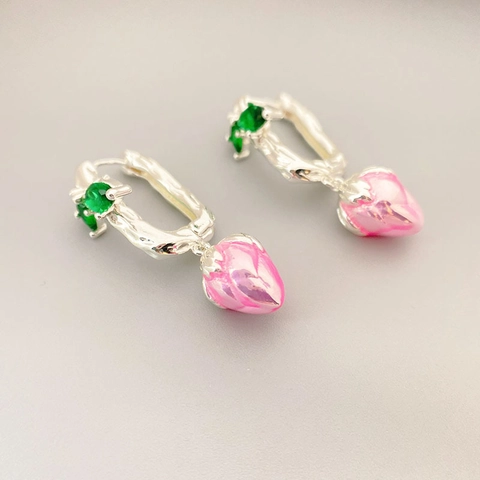 Vintage Enamel Flower Bud Drop Earrings With Silver Plated Copper Earring Post Green Gemstone Pink Strawberry Jewelry