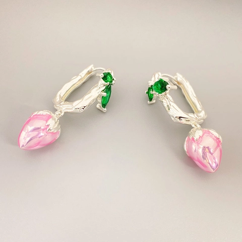 Vintage Enamel Flower Bud Drop Earrings With Silver Plated Copper Earring Post Green Gemstone Pink Strawberry Jewelry