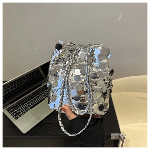 Sequin Bucket Bag For Women Trendy Reflective Metal Chain Shoulder Handbag Evening Party Urban Minimalist Style