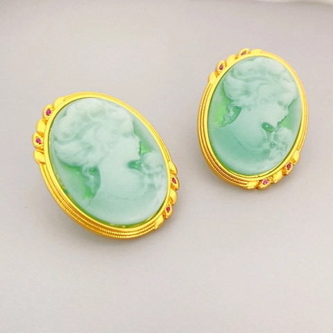 Vintage Cameo Γυναικείο Πορτρέτο Οβάλ Σκουλαρίκια Χαλκός 18K Επιχρυσωμένο Με 925 Ασημένιο Κούμπωμα Κοσμήματα