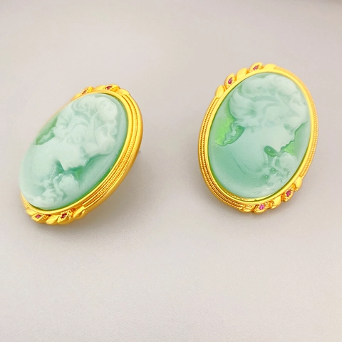 Vintage Cameo Γυναικείο Πορτρέτο Οβάλ Σκουλαρίκια Χαλκός 18K Επιχρυσωμένο Με 925 Ασημένιο Κούμπωμα Κοσμήματα