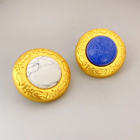 Vintage Ronde Knopoorbellen Mat Goud Reliëf Vismotief Met 925 Sterling Zilveren Oorpunt Voor Dames