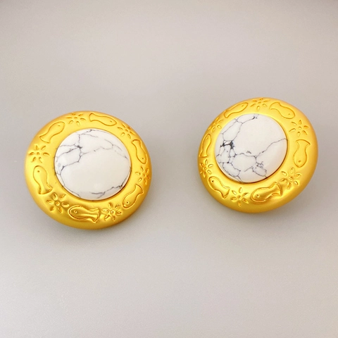 Vintage Ronde Knopoorbellen Mat Goud Reliëf Vismotief Met 925 Sterling Zilveren Oorpunt Voor Dames