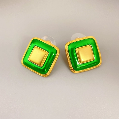 Square Stud Earrings Brass 18K Gold Plated Enamel Retro Geometric Jewelry For Women With 925 Sterling Silver Earring Post