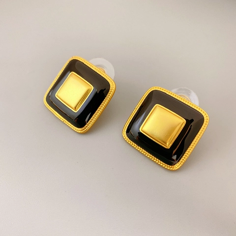 Square Stud Earrings Brass 18K Gold Plated Enamel Retro Geometric Jewelry For Women With 925 Sterling Silver Earring Post