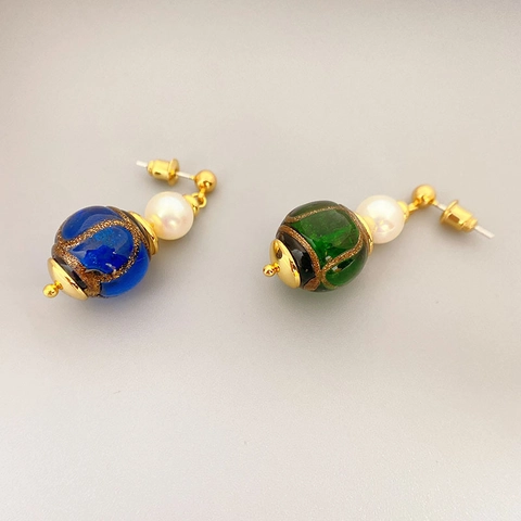 Vintage Hängeohrringe Mit Kunstvollen Glasperlen Und Künstliche Perlen Mit 925 Sterling Silver Earring Post Retro Elegant