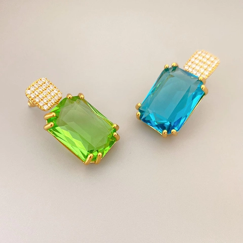 Emerald Cut Crystal Rectangle Stud Earrings With 925 Sterling Silver Earring Post Gold Plated Brass Elegant Jewelry Women