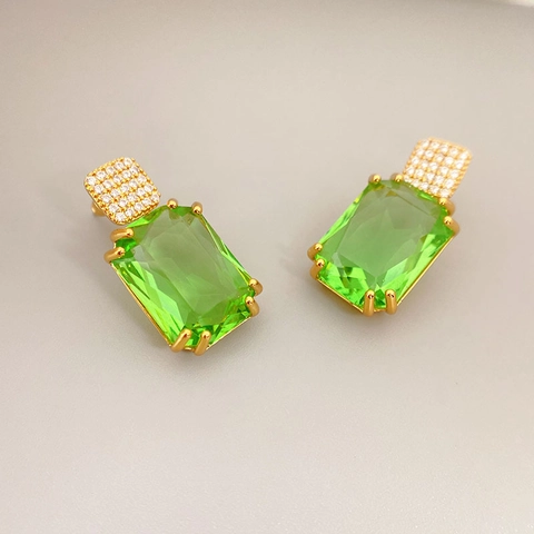 Emerald Cut Crystal Rectangle Stud Earrings With 925 Sterling Silver Earring Post Gold Plated Brass Elegant Jewelry Women