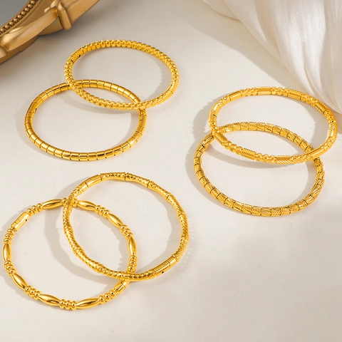 Bracciale Rigido Texturizzato Acciaio Inossidabile Placcato Oro Perla Design Bambù Moda Minimalista Per Donne