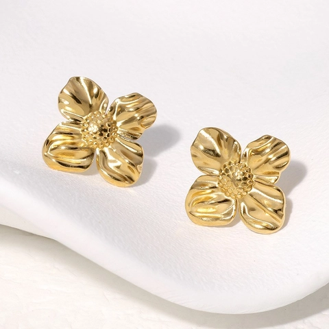 Flower Stud Earrings Gold Plated Titanium Steel With Stainless Steel Earring Post Textured Petal Elegant Style For Women