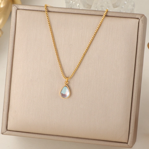 Wassertropfen Anhänger Halskette Edelstahl Vergoldet Bunter Mondstein Boxkette Minimalistischer Schmuck Für Damen