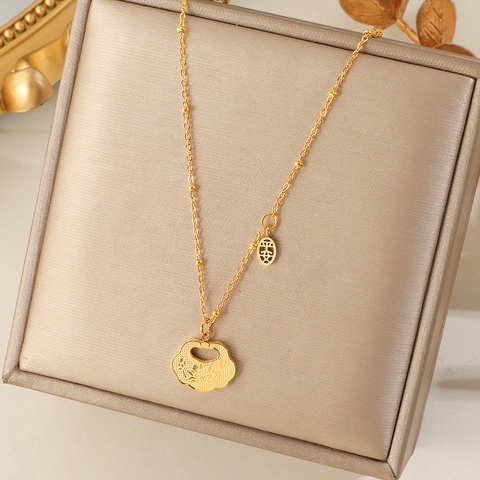 Collier Pendentif Serrure De Sécurité Vintage Acier Inoxydable 304 Plaqué Or Chaîne À Perles Bijoux Style Chinois Élégant Femme