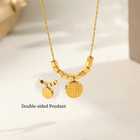Collana Pendente Double Face Acciaio Inossidabile Placcato Oro Carattere Cinese Fu Xi Gioielli Vintage Per Donne