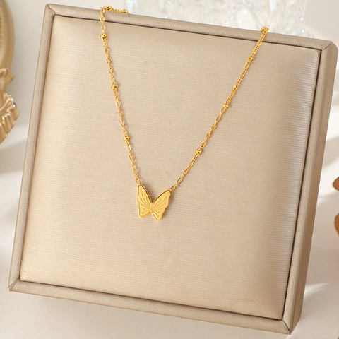 Vlinder Hanger Ketting Roestvrij Staal Satelliet Ketting Verguld Getextureerd Minimalistische Mode Sieraden Voor Vrouwen