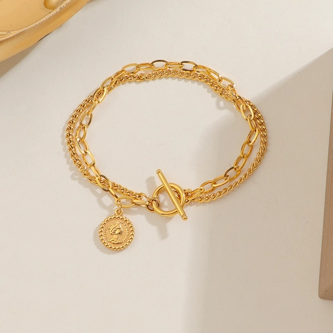 Layered Titanium Steel Bracelet For Women Gold Color Portrait Coin Pendant Vintage OT Buckle Link Chain