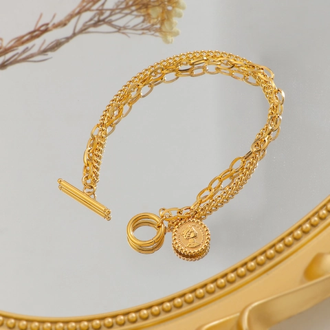 Layered Titanium Steel Bracelet For Women Gold Color Portrait Coin Pendant Vintage OT Buckle Link Chain