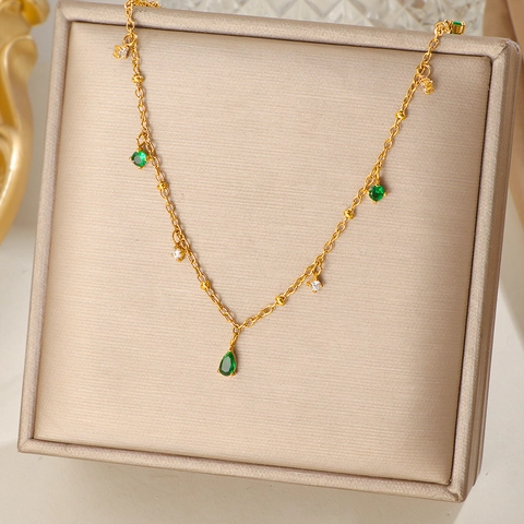 Teardrop Emerald Green Zircon Pendant Necklace 18K Gold Plated Stainless Steel Elegant Light Luxury Jewelry For Women