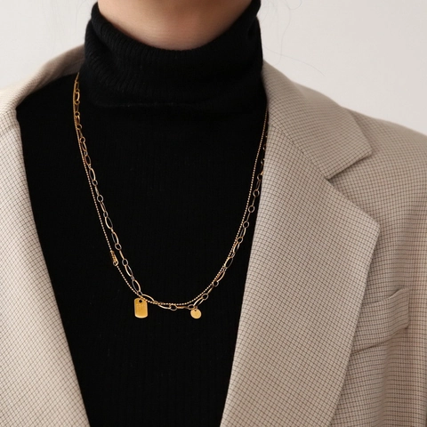 Collana A Strati Acciaio Inossidabile Placcato Oro Moneta Ritratto Targhetta Rettangolare Gioielli Retro Eleganti Donne
