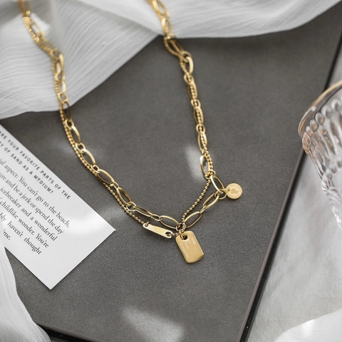 Collana A Strati Acciaio Inossidabile Placcato Oro Moneta Ritratto Targhetta Rettangolare Gioielli Retro Eleganti Donne