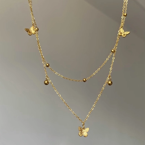 Stainless Steel Double Layer Necklace Butterfly Pendant Gold Bead Choker Sweet Minimalist Jewelry For Women