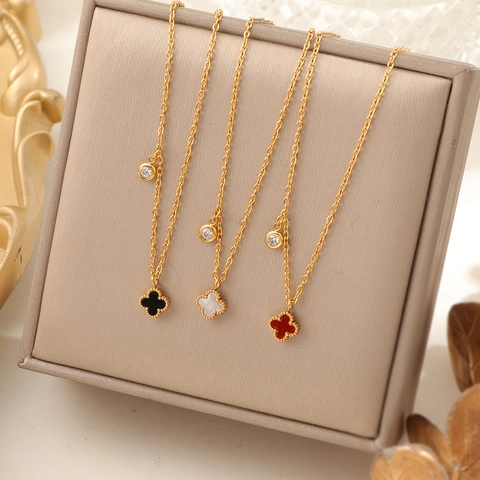 Klavertje Vier Hanger Ketting Titanium Staal Schelp Zirkoon Elegant Minimalistisch Franse Stijl Sieraden Voor Dames