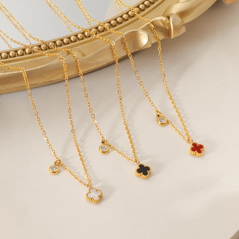 Klavertje Vier Hanger Ketting Titanium Staal Schelp Zirkoon Elegant Minimalistisch Franse Stijl Sieraden Voor Dames