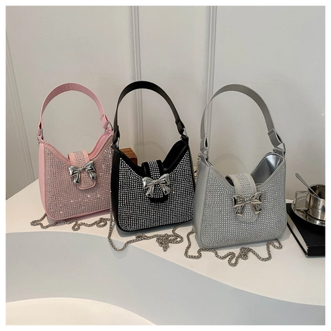 Women Rhinestone Bow Shoulder Bag Shiny Full Crystal Underarm Hobo Bag With Chain Strap Elegant Party Handbag Evening Purse