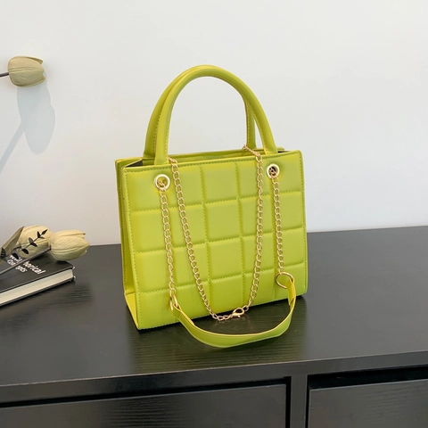 Women Quilted Square Bag Faux Leather Crossbody Bag With Gold Chain Strap Solid Color Top Handle Bag For Daily Commuting