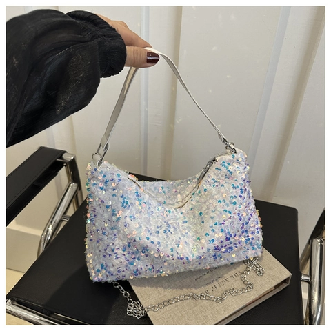Moda Donna Borsa a Spalla con Paillettes Borsa Sotto l'Ascella Glitter con Tracolla a Catena Borsa Hobo Luccicante per Festa Banchetto