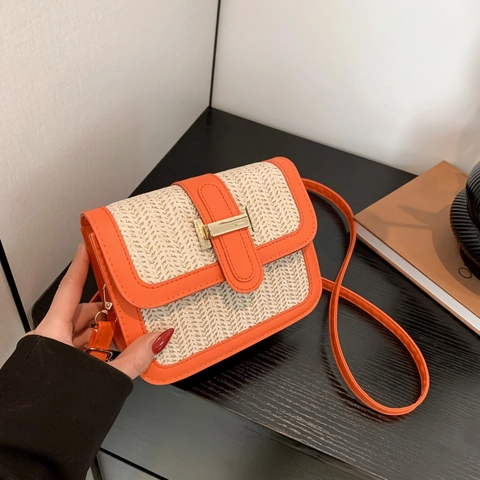 Contrast Color Straw Woven Square Crossbody Bag For Women PU Patchwork Small Shoulder Bag With Metal Lock Summer Fashion Purse