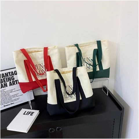 Canvas Tote Bag Large Capacity Contrast Color Letter Print Shoulder Bag Women Urban Simple Casual Style Zipper Closure