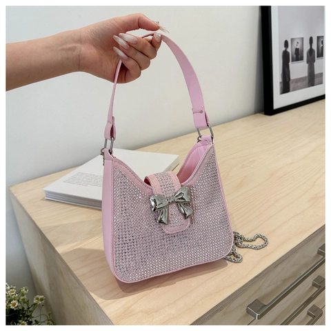 Women Rhinestone Bow Shoulder Bag Shiny Full Crystal Underarm Hobo Bag With Chain Strap Elegant Party Handbag Evening Purse