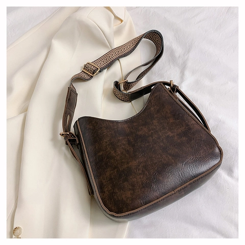 Vintage Maillard PU Leather Hobo Bag For Women With Adjustable Wide Woven Geometric Strap Single Shoulder Crossbody Bag