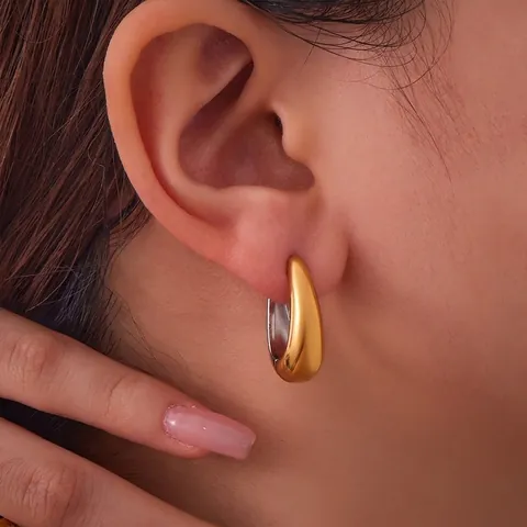 Boucles d'Oreilles Créoles en Forme de U en Acier Inoxydable Minimaliste pour Femmes Plaqué Or 18K Bicolore Géométrique Goutte d'Eau Bijoux