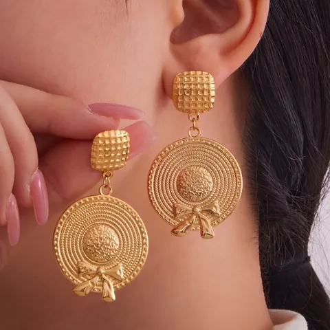 French Vintage Stainless Steel Gold Plated Straw Hat Bowknot Dangle Earrings Cuban Link Chain Drop Earrings For Women Jewelry