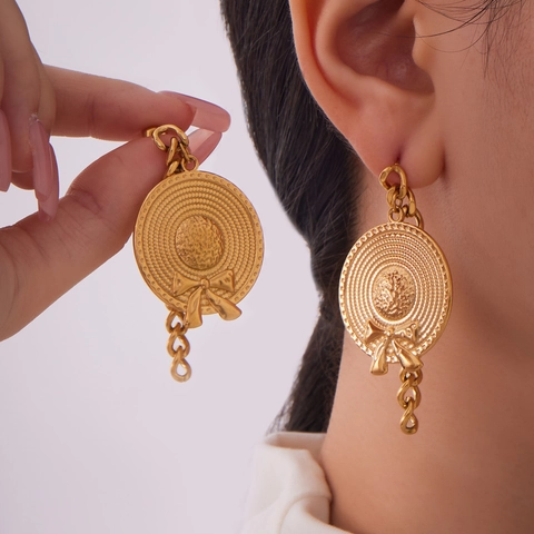 French Vintage Stainless Steel Gold Plated Straw Hat Bowknot Dangle Earrings Cuban Link Chain Drop Earrings For Women Jewelry