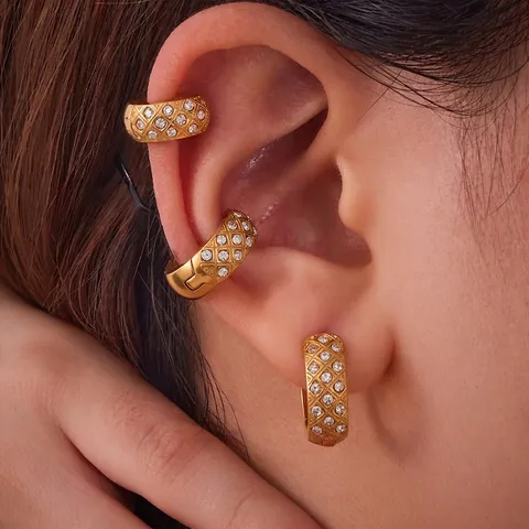 Quilted Lattice Hoop Earrings Stainless Steel Gold Plated Zircon Huggie Earrings With 925 Sterling Silver Earring Post